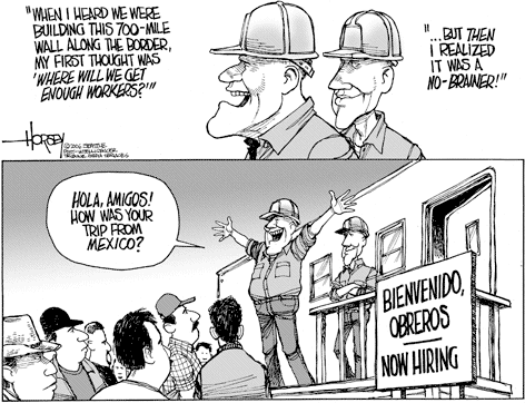 David Horsey cartoon about illegal immigrants building border fence