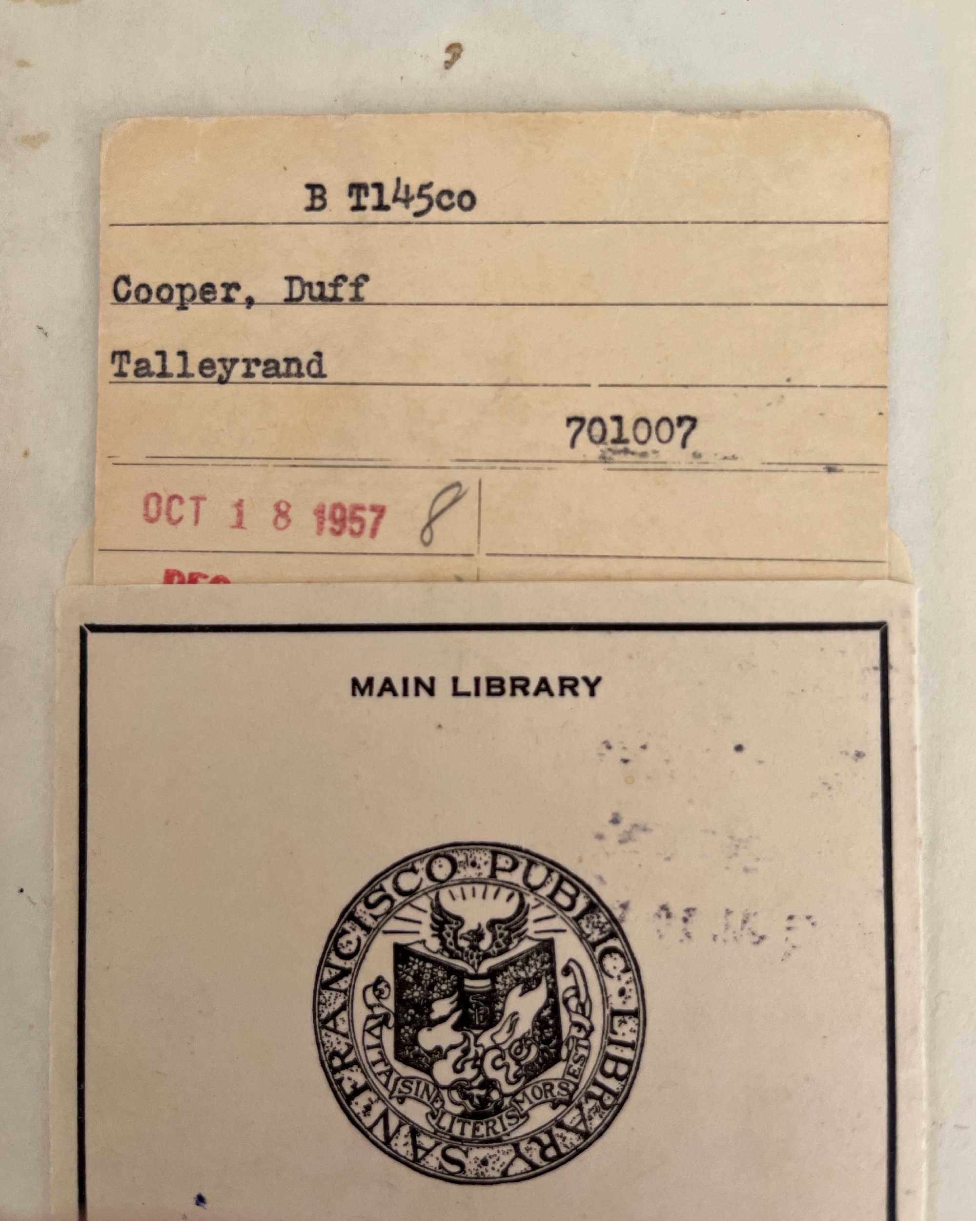 San Francisco Public Library checkout card for Talleyrand by Duff Cooper