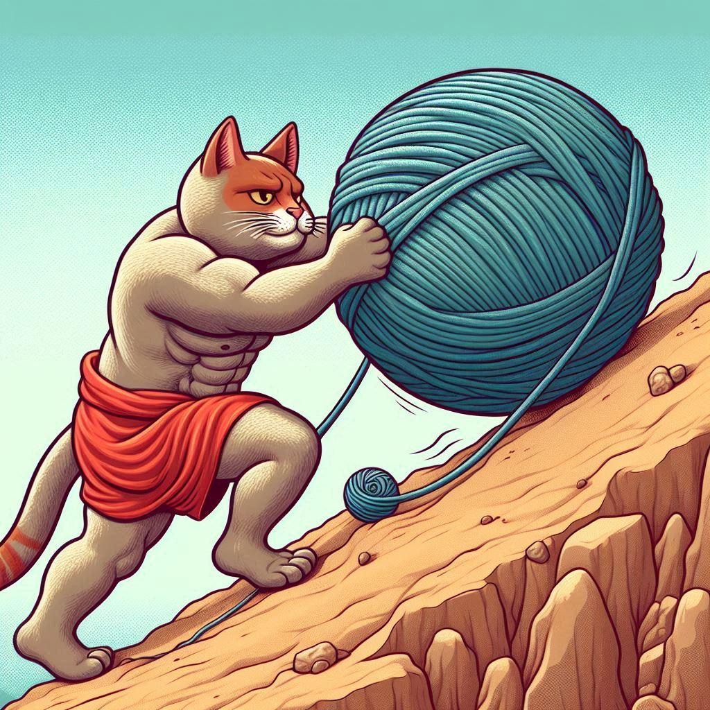 AI generated image of a cat pushing a ball of yarn up a hill