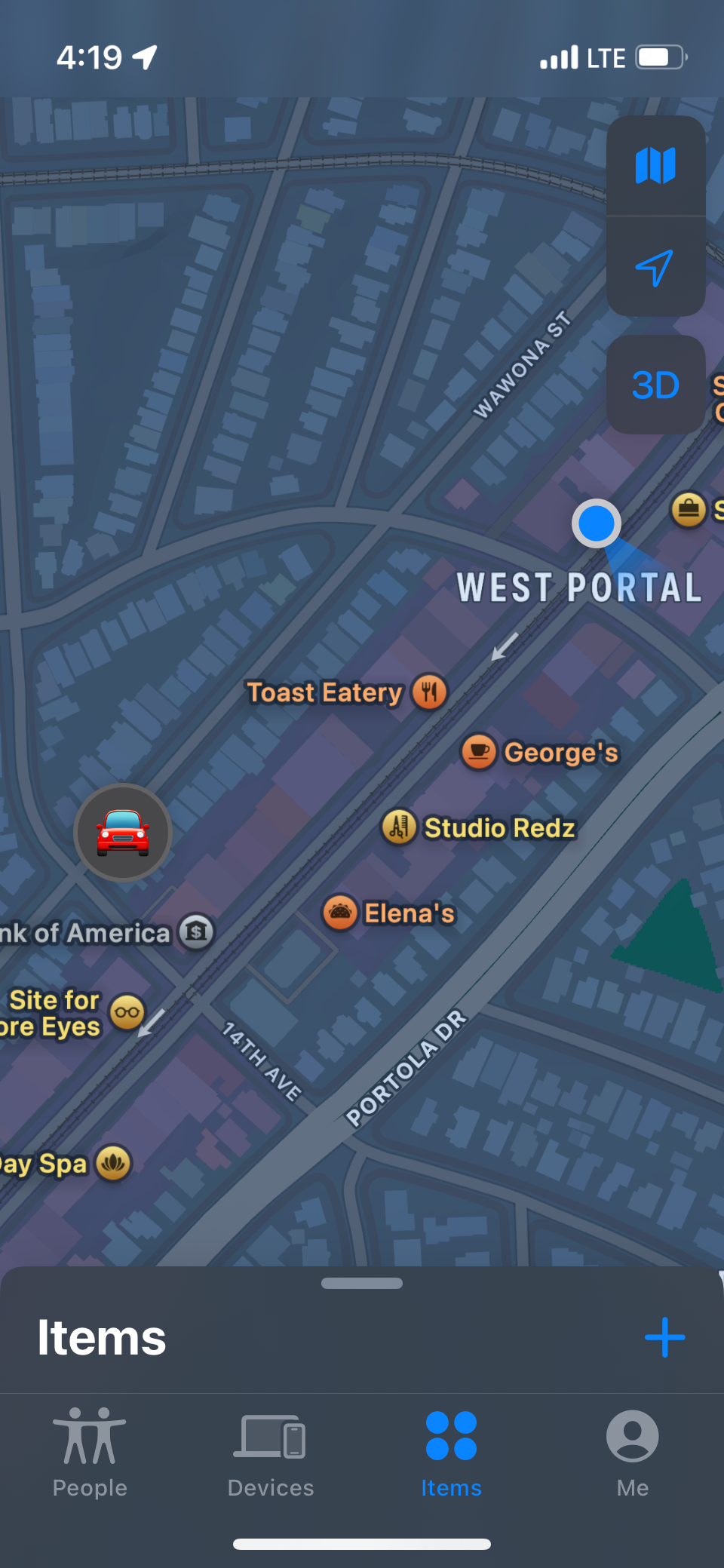 Map showing car indicated using an AirTag Map showing car indicated using an AirTag